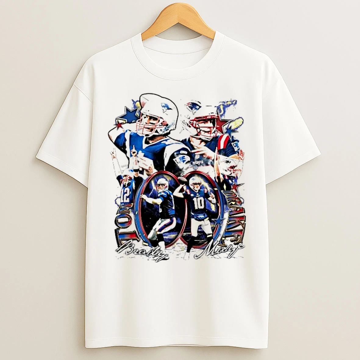 Classic Tom Brady And Drake Maye Picture Collage Patriots Super Bowl Lx Tee T Shirts