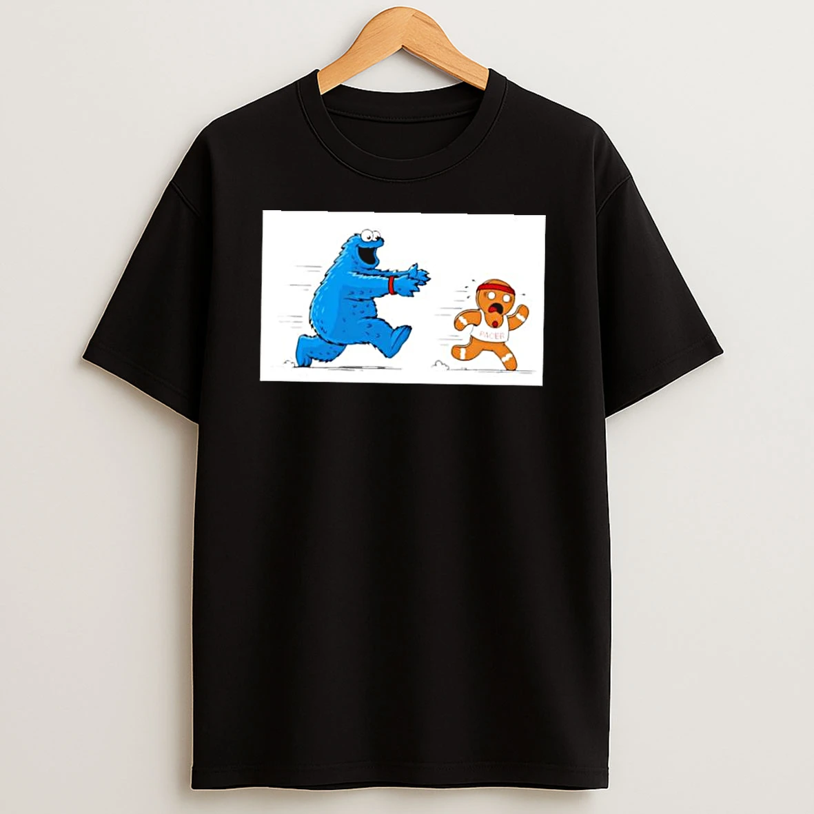 Cookie Monster Chasing Gingerbread Pacer Man Funny Cartoon Shirts