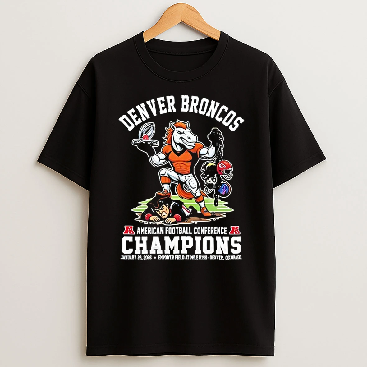 Denver Broncos Beat New England Patriots Afc Champions 2026 Victory Mascot Football Shirts