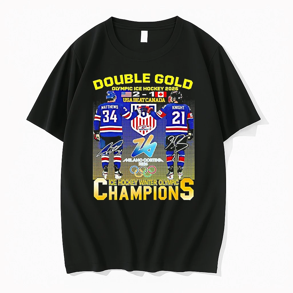 Double Gold Olympic Ice Hockey 2026 Usa Beat Canada Matthews And Knight Signature Shirts