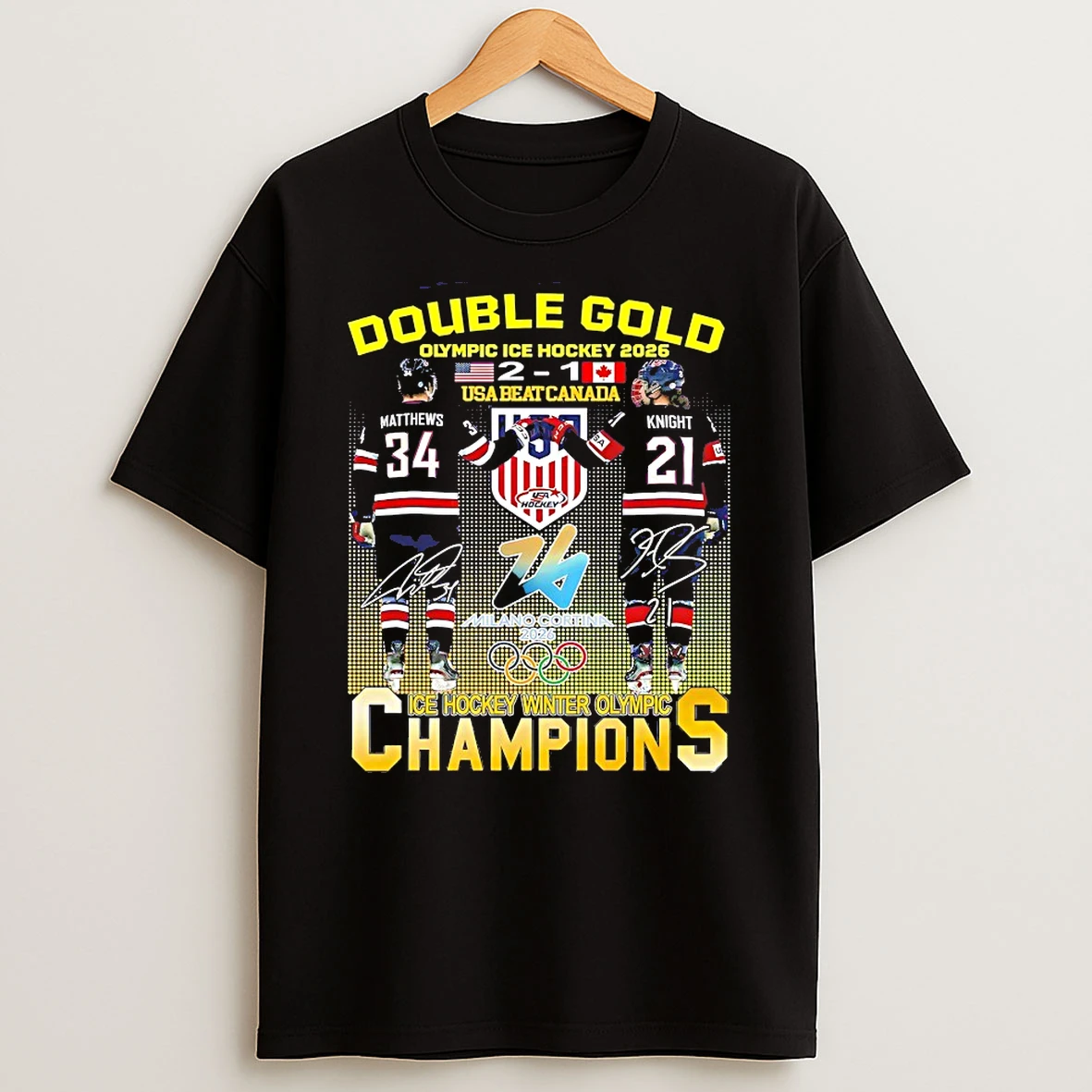 Double Gold Olympic Ice Hockey 2026 Usa Beat Canada 2 1 Matthews Knight Shirts