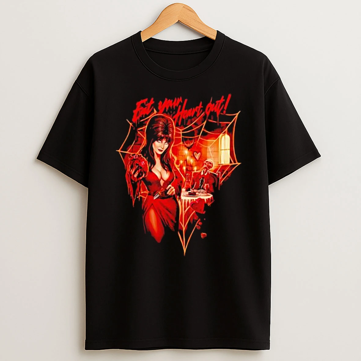 Elvira Eat Your Heart Out Spiderweb Horror Hostess Shirts