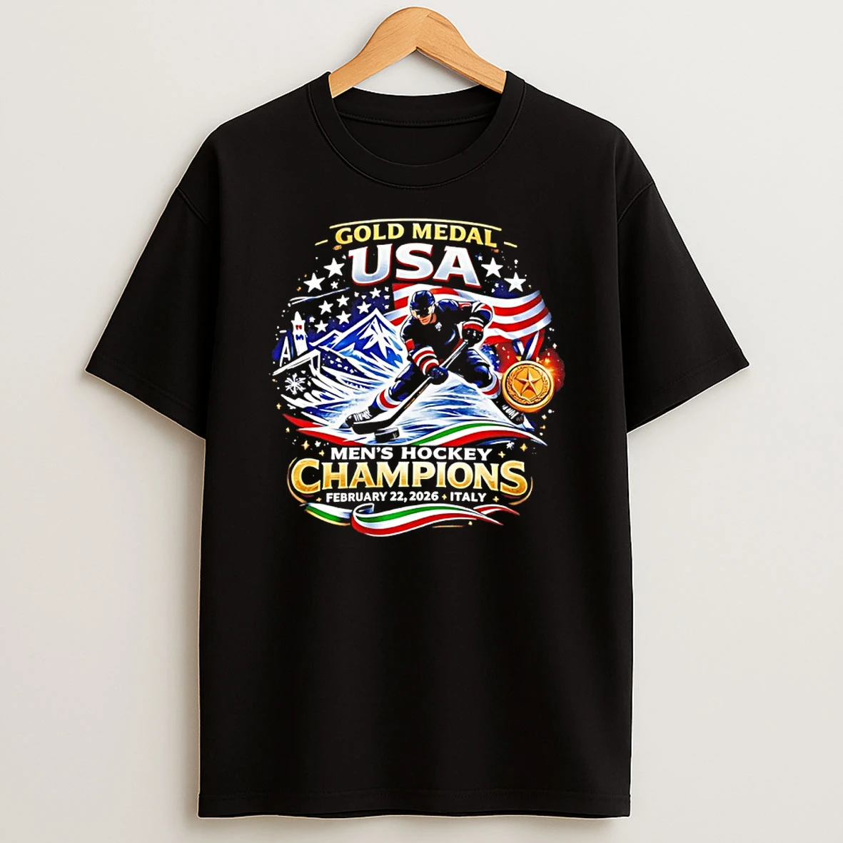 Gold Medal Usa Mens Hockey Champions Italy 2026 Team Winter Olympic Shirts