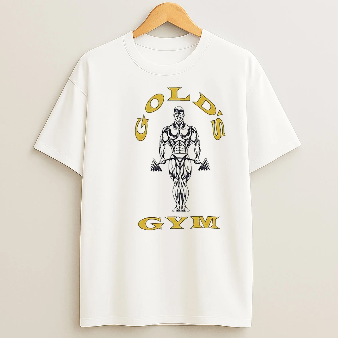 Golds Gym Bodybuilding Man Holding Heavy Barbell Weights Shirts