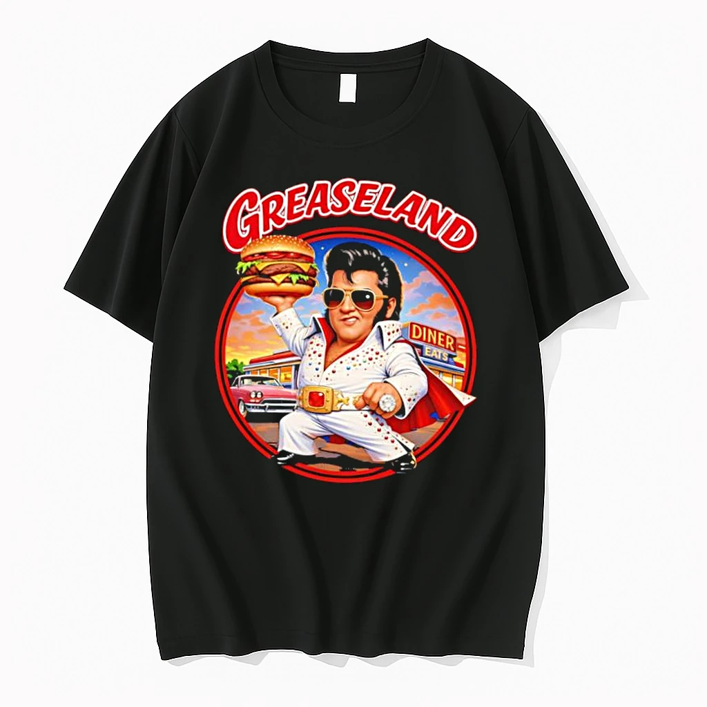 Greaseland Elvis Holding Burger Diner Eats Vintage Car Shirts