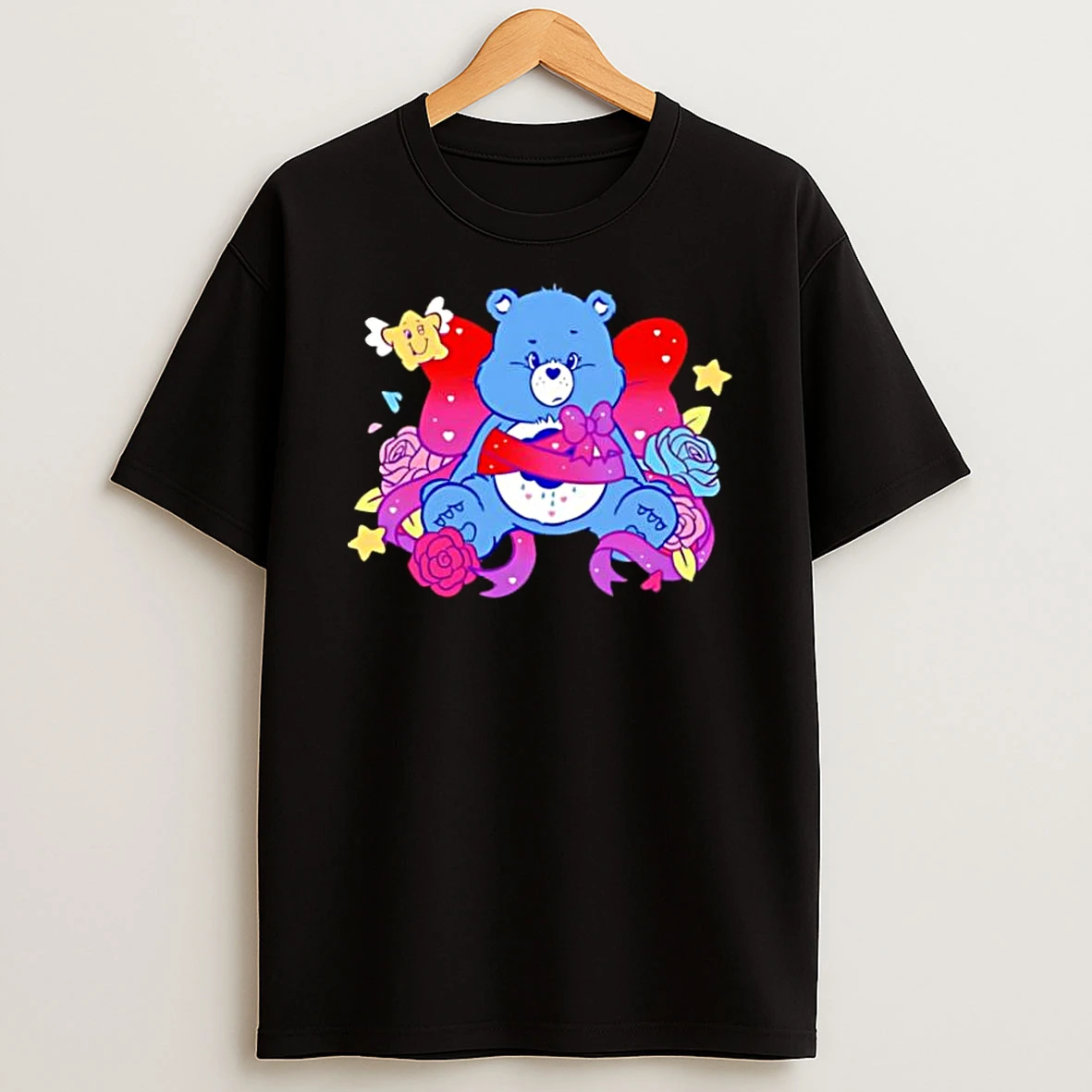 Grumpy Blue Care Bear With Pink Bow And Roses Shirts
