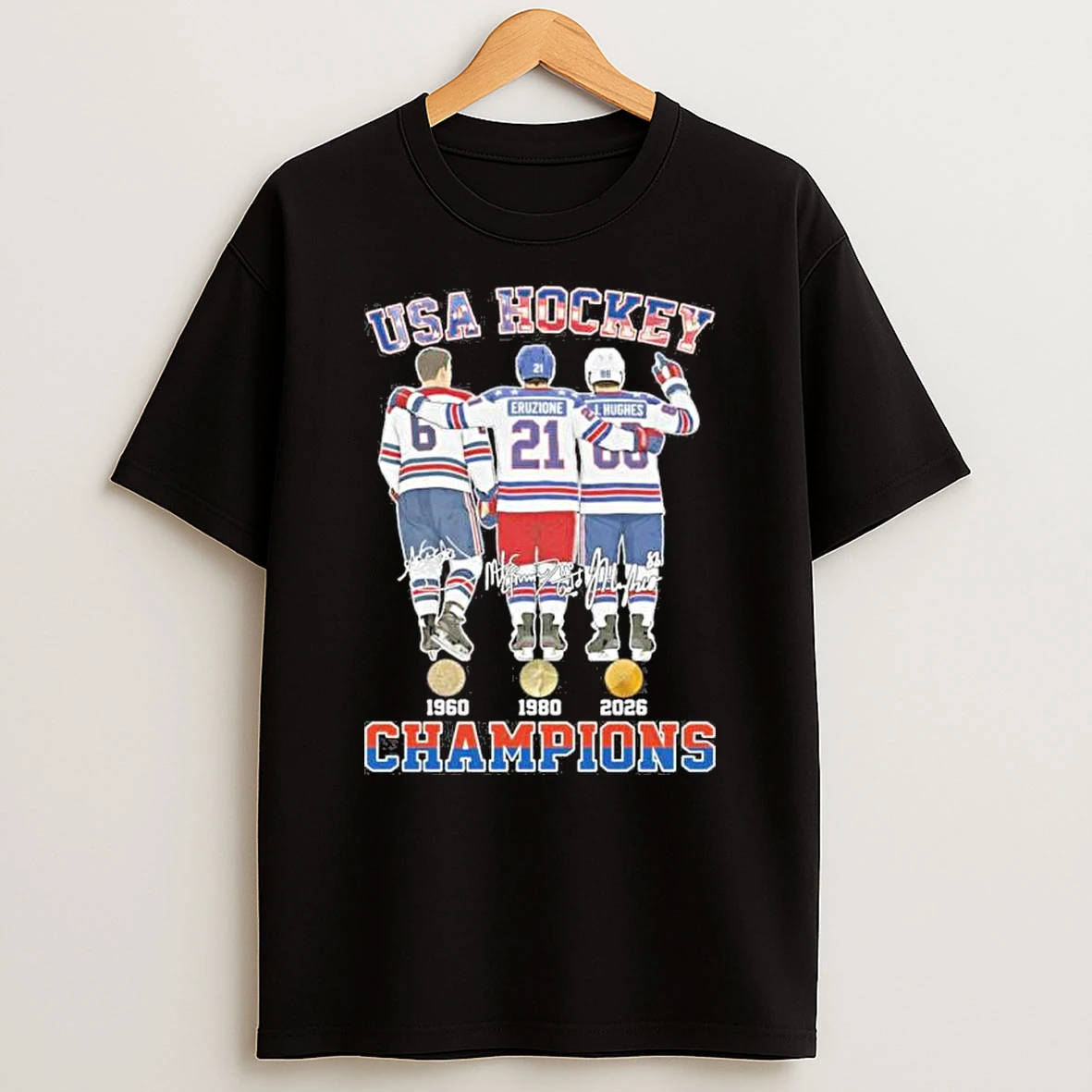 Herb Brooks Mike Eruzione And Jack Hughes Usa Hockey Champions Shirts