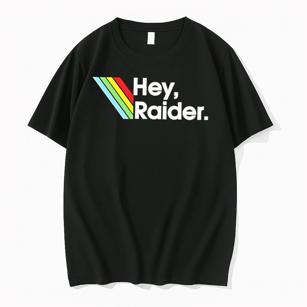 Hey Raider Text With Retro Rainbow Stripes Graphic Shirts