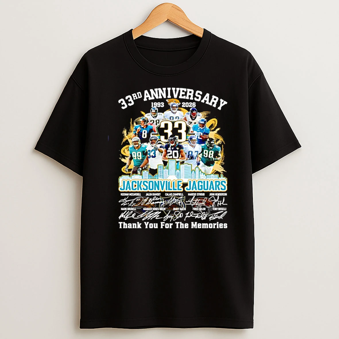 Jacksonville Jaguars Players 33rd Anniversary Signature City Skyline Shirts