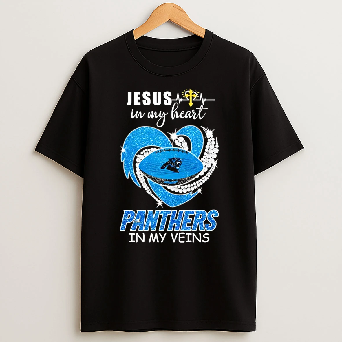Jesus In My Heart Carolina Panthers In My Veins Diamond Heart Shape Shirts