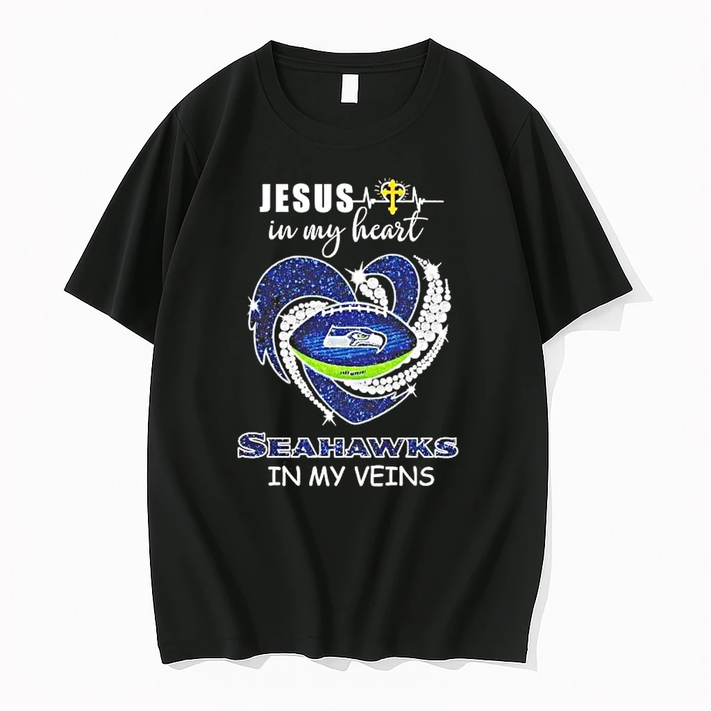 Jesus In My Heart Seahawks In My Veins Diamond Heart Tee Shirts