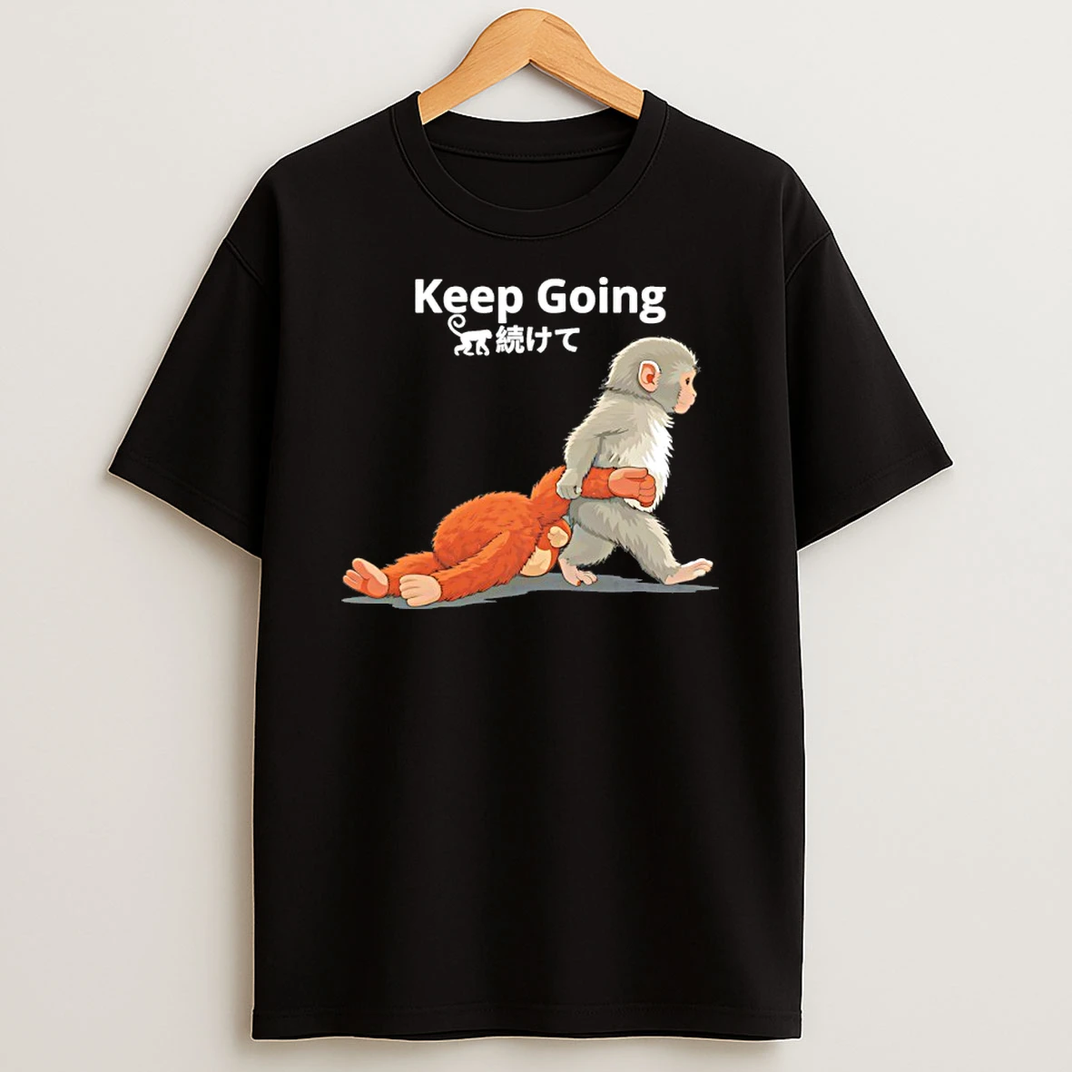 Keep Going Monkey Punch Baby Monkey Holding Plush Toy Japanese Graphic Shirts
