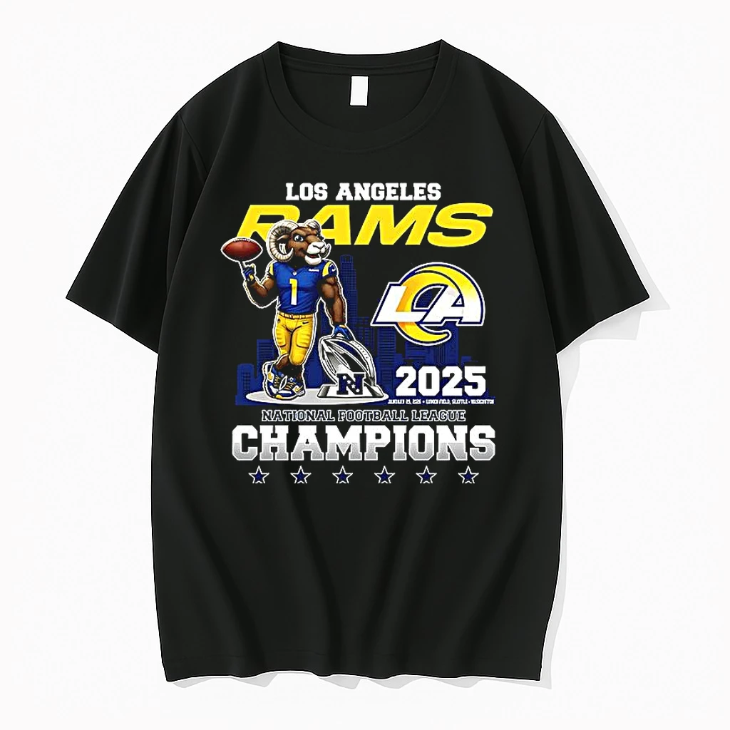 Los Angeles Rams Nfl Champions 2025 Mascot Next To Trophy City Skyline Woman Shirts