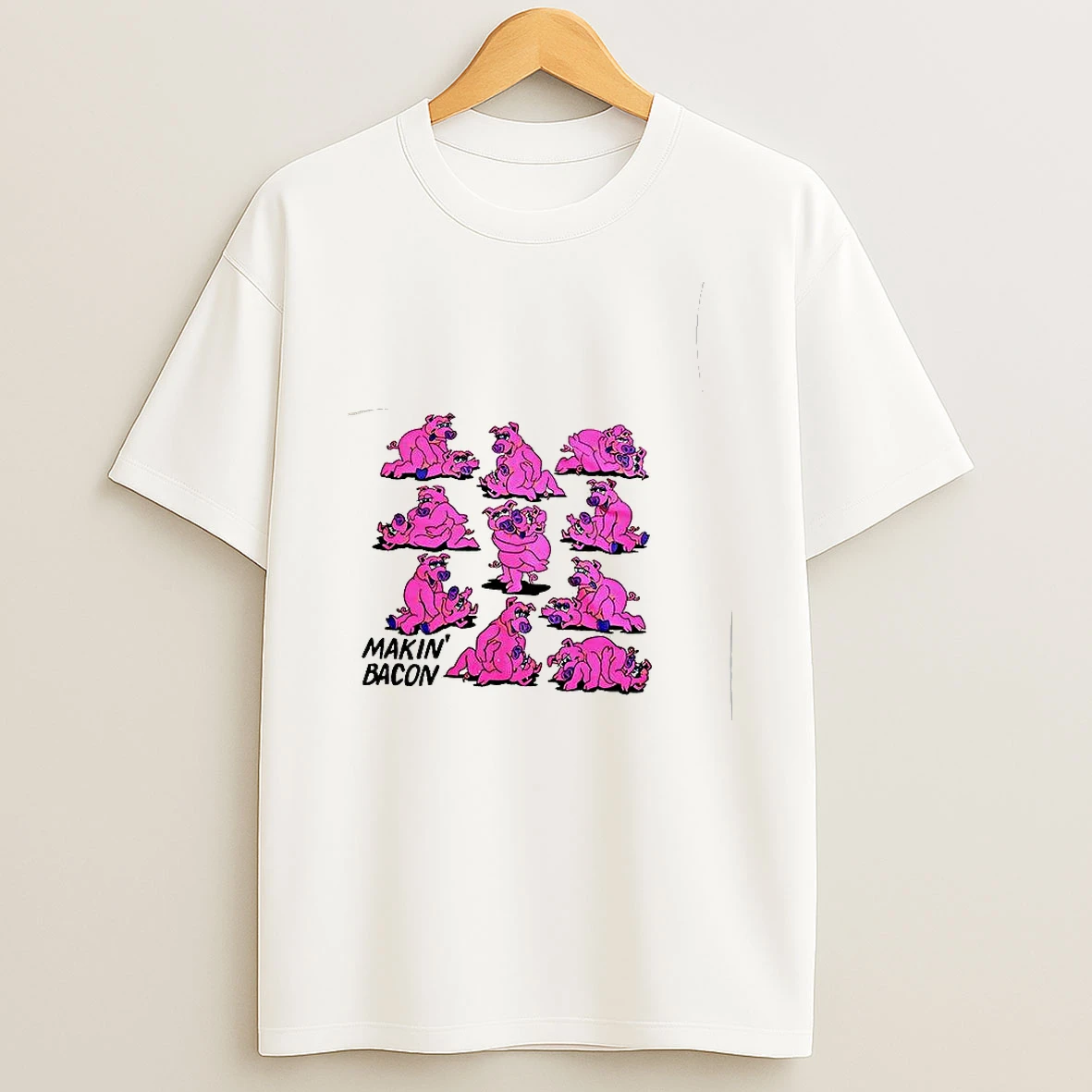 Makin Bacon Positions Cartoon Pig Vintage Woman Shirts