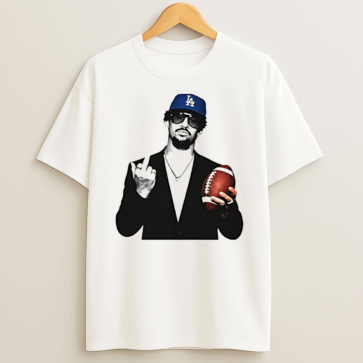 Man In La Hat And Suit Holding Football Middle Finger Graphic Shirts