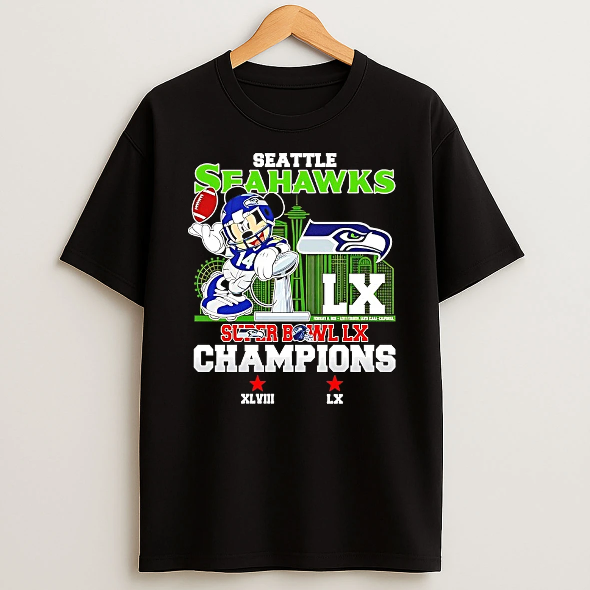 Mickey Mouse Seattle Seahawks 2026 Super Bowl Lx Champions Xlviii Lx Shirts