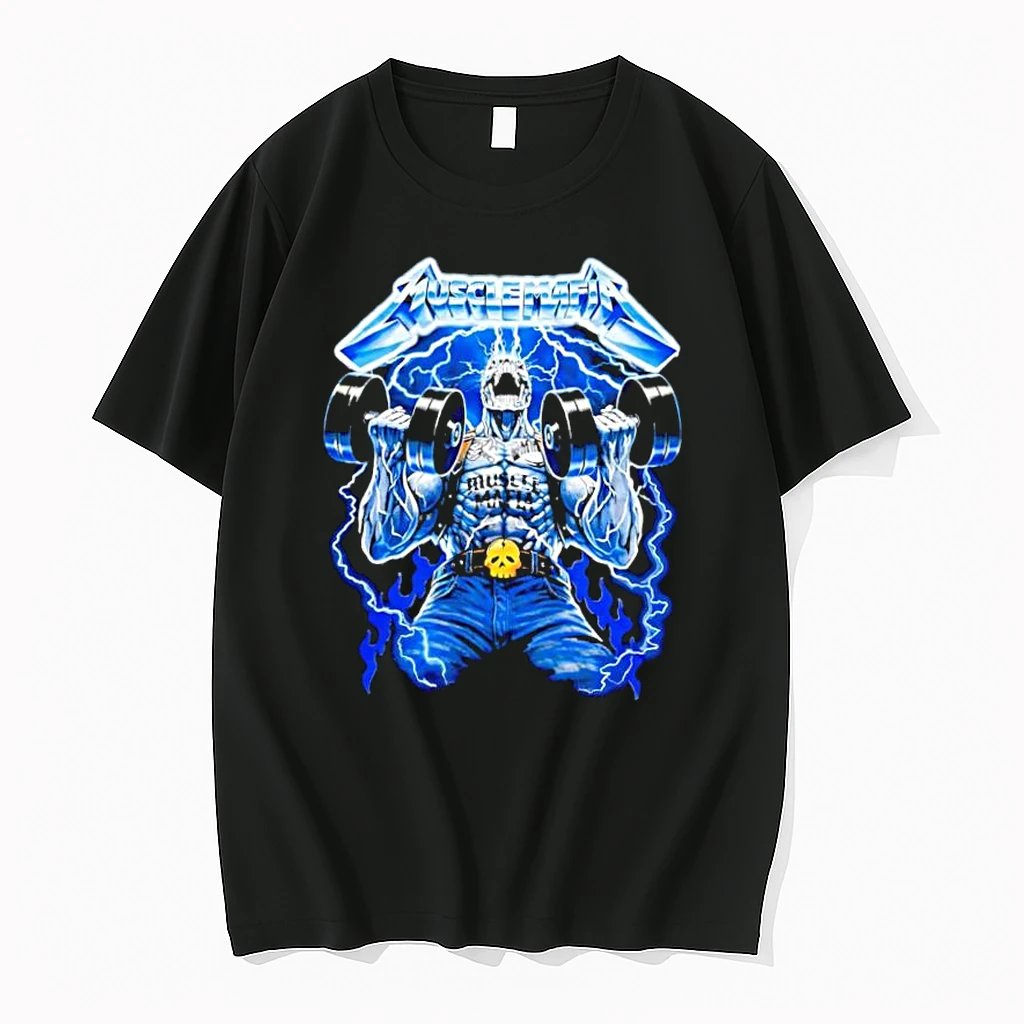 Muscle Mafia Skeleton Weightlifter Lifting Dumbbells Lightning Shirts