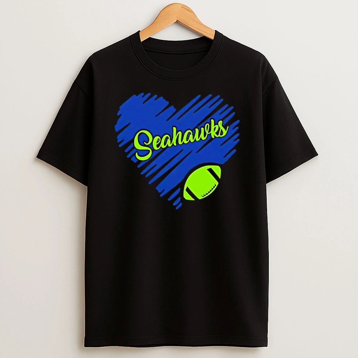 Navy Blue Heart Shape Seahawks Script Text Green Football Shirts