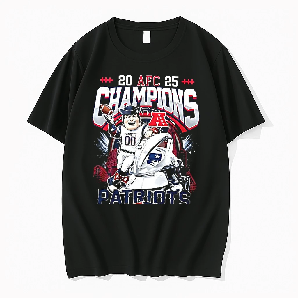 New England Patriots Afc Champions 2025 Trophy Stand Beside Mascot Woman Shirts
