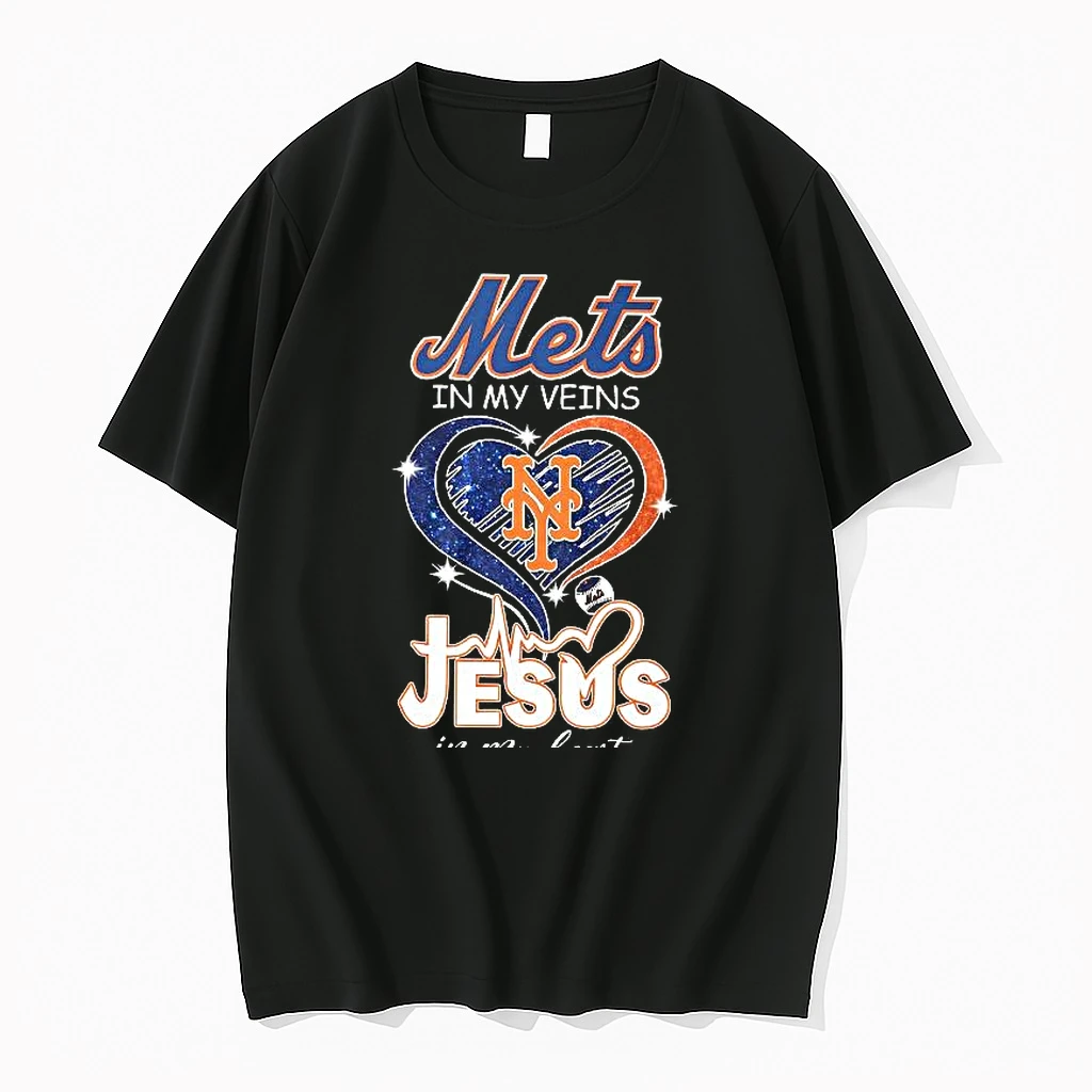 New York Mets In My Veins And Jesus In My Heart Christian Diamond Heart Woman Shirts