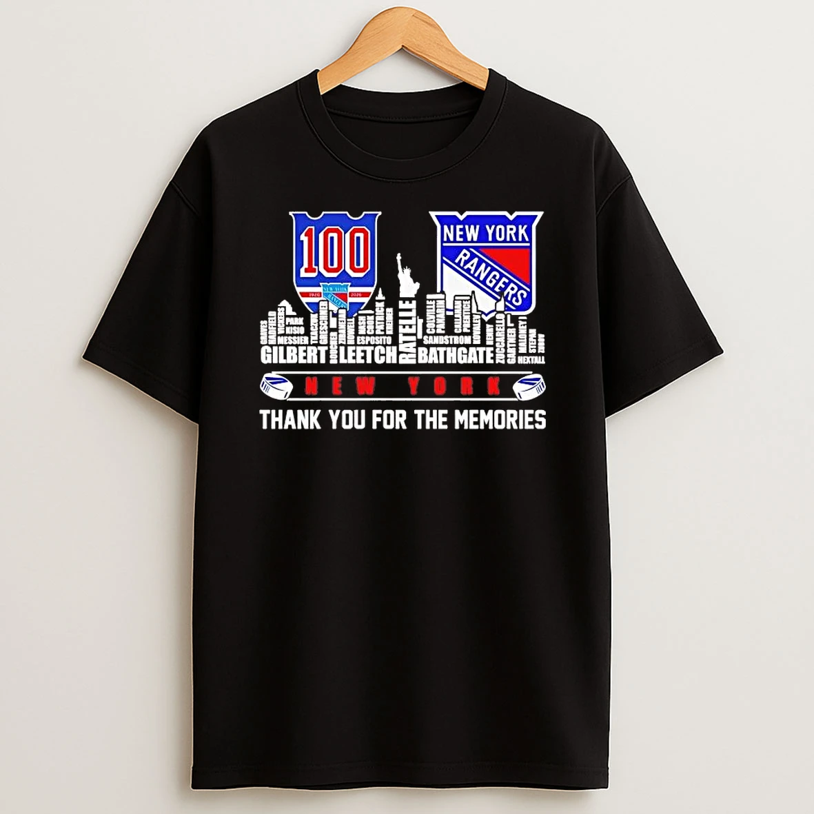 New York Rangers 100 Years 1926 2026 Players Names Skyline Tee Shirts