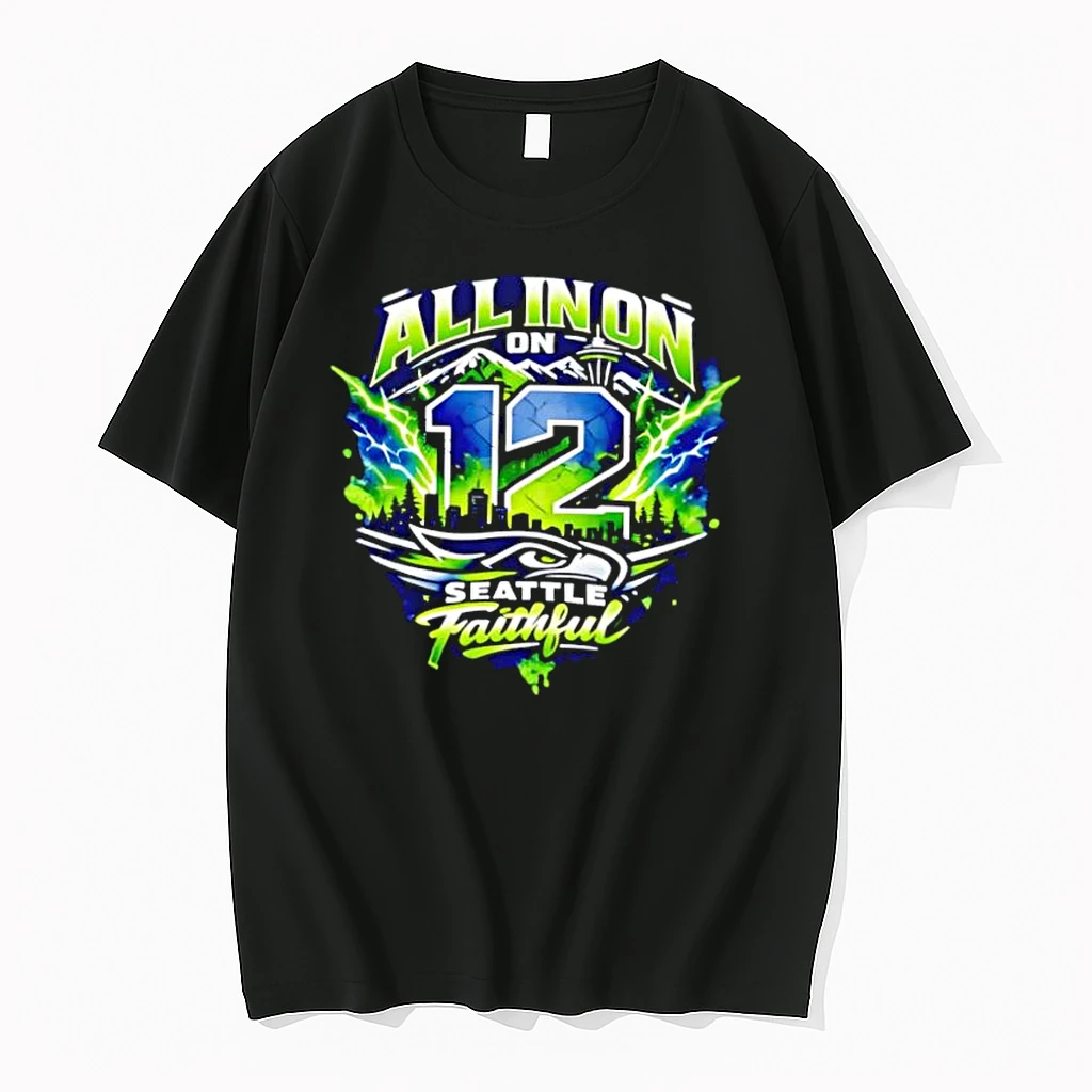 Nice All In On 12 Seattle Faithful Seahawks Mountain City Skyline Lightning Shirts
