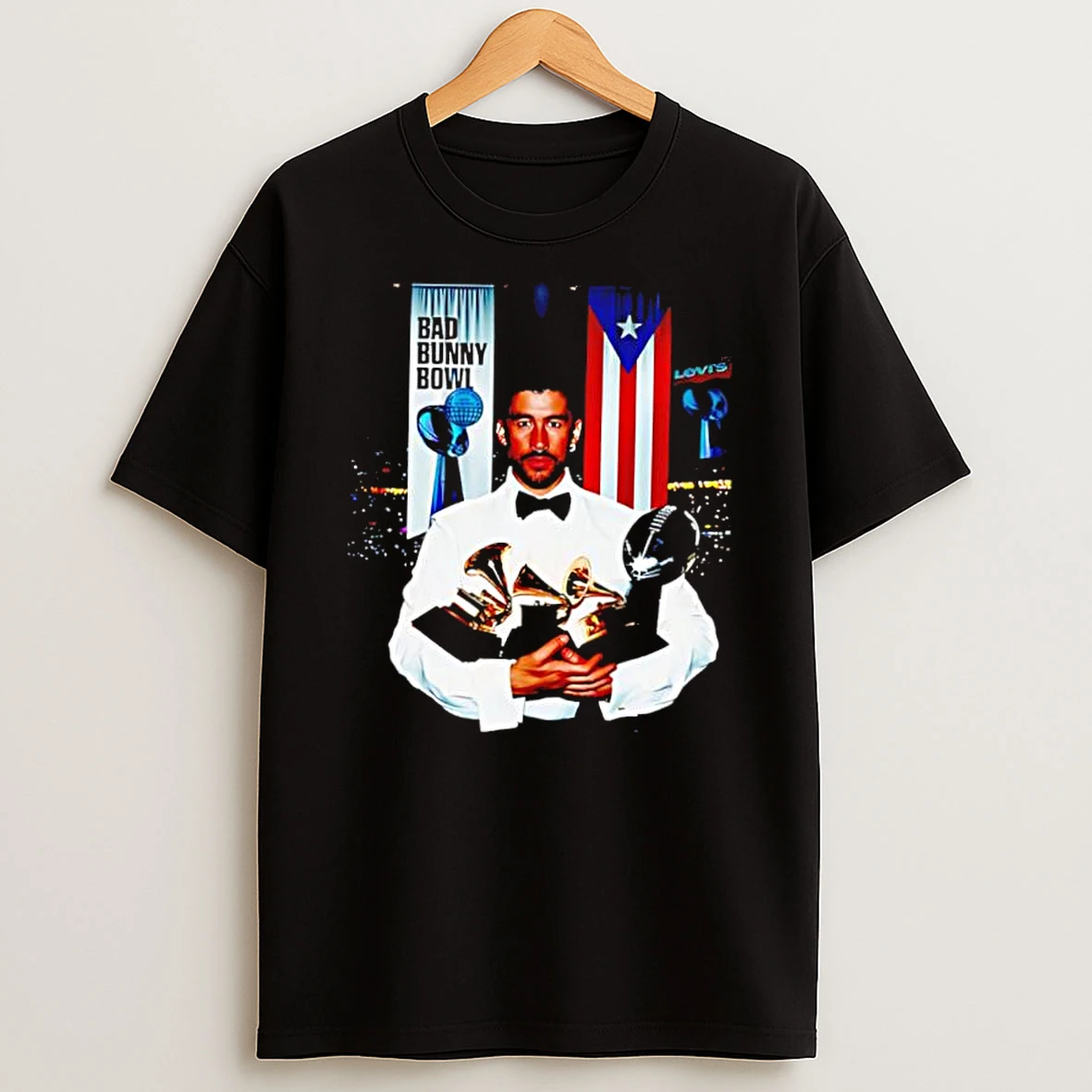 Nice Bad Bunny Bowl Puerto Rico Flag Holding Multiple Grammy Music Awards Shirts