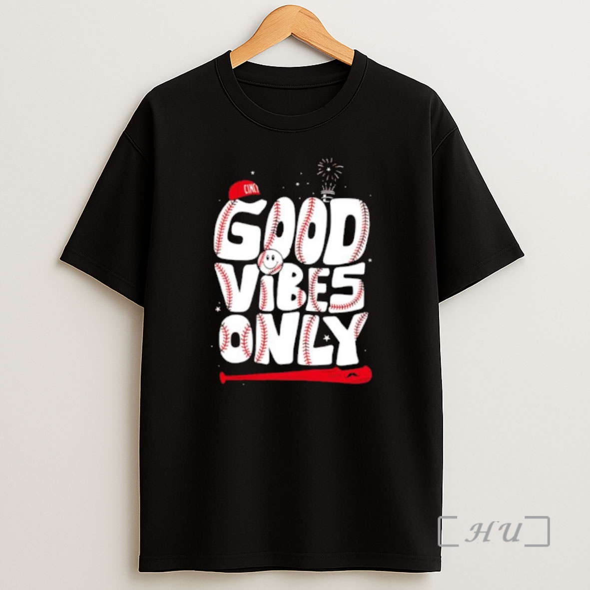 Officials Cincy Good Vibes Only Baseball Smiley Face Fireworks Shirt Sweatshirt Tee