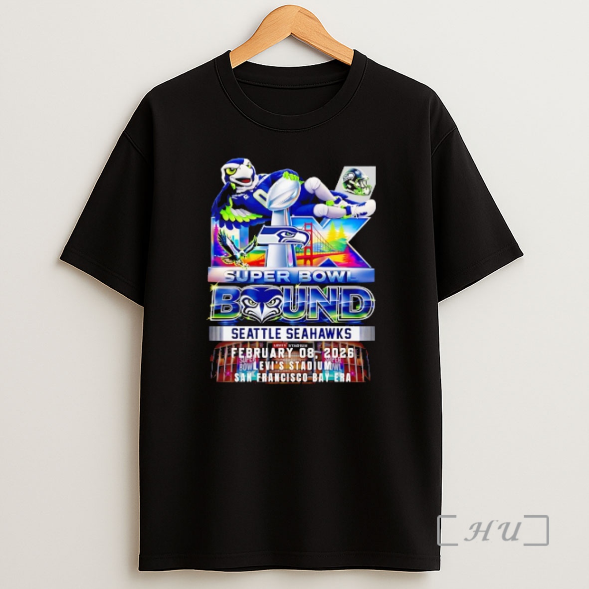 Officials Seattle Seahawks Super Bowl Lx 2026 Feb 8 Levis Stadium Trophy Center And Mascot Shirt Sweatshirt Tee