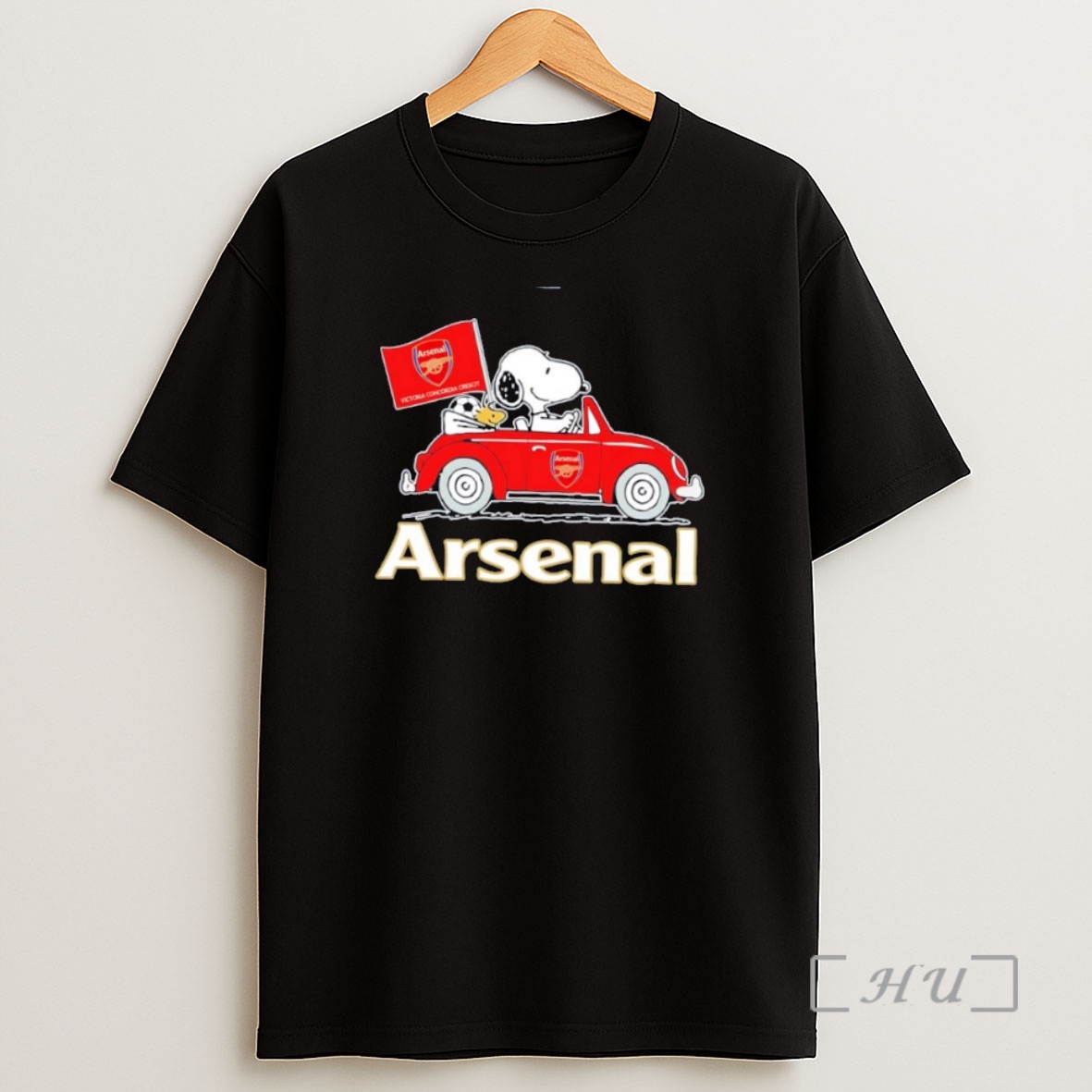 Officials Snoopy And Woodstock X Arsenal Fc Driving A Red Car And Flag Shirt Sweatshirt Tee