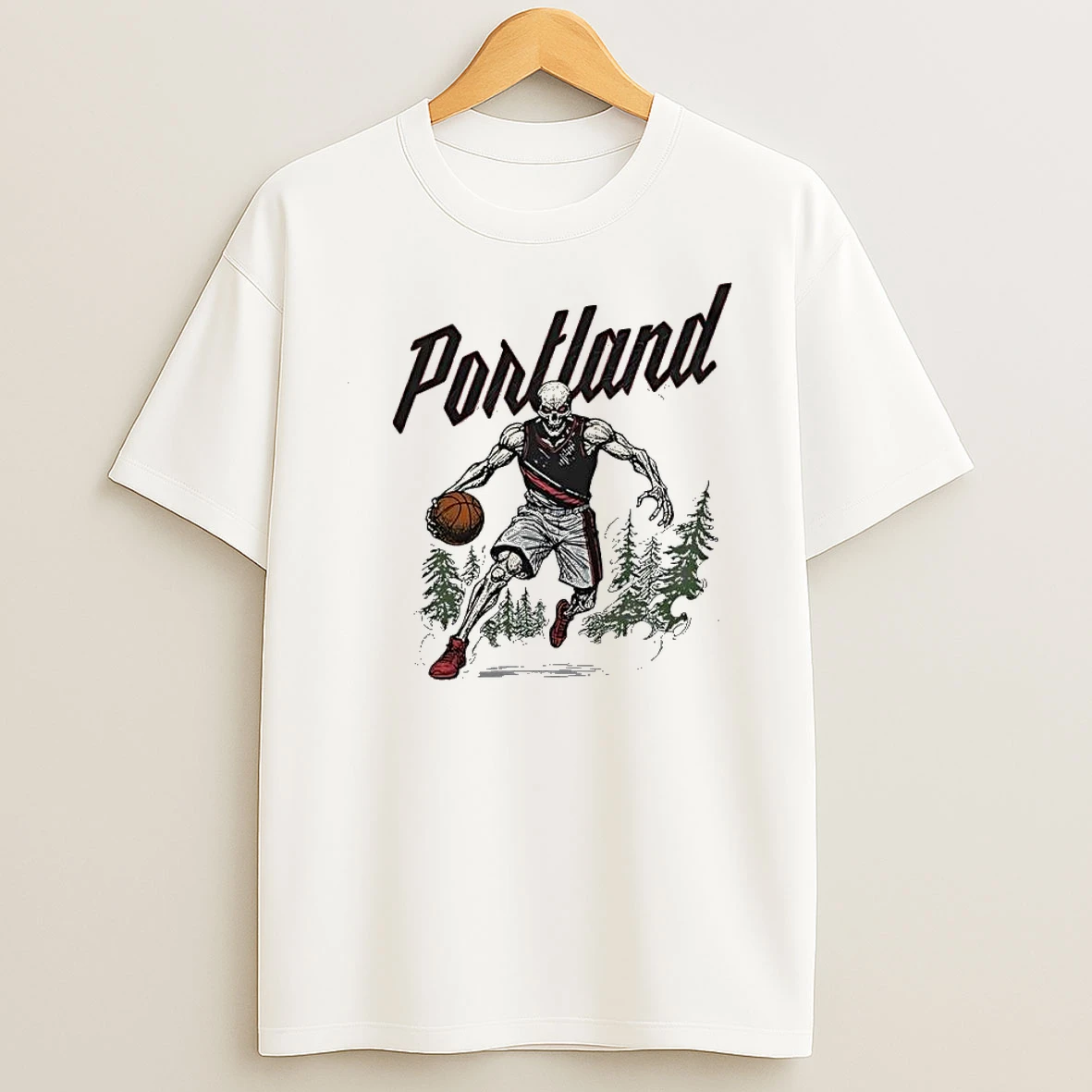 Portland Skeleton Basketball Player Dribbling In The Pine Forest Shirts