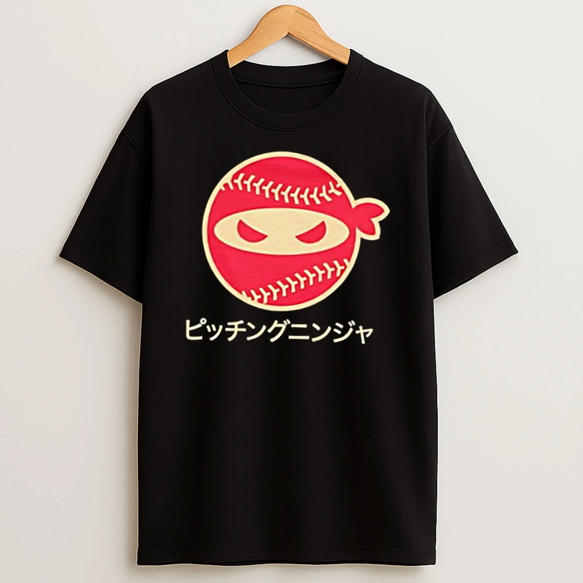 Red Pitching Ninja Logo With Japanese Katana Text Shirts