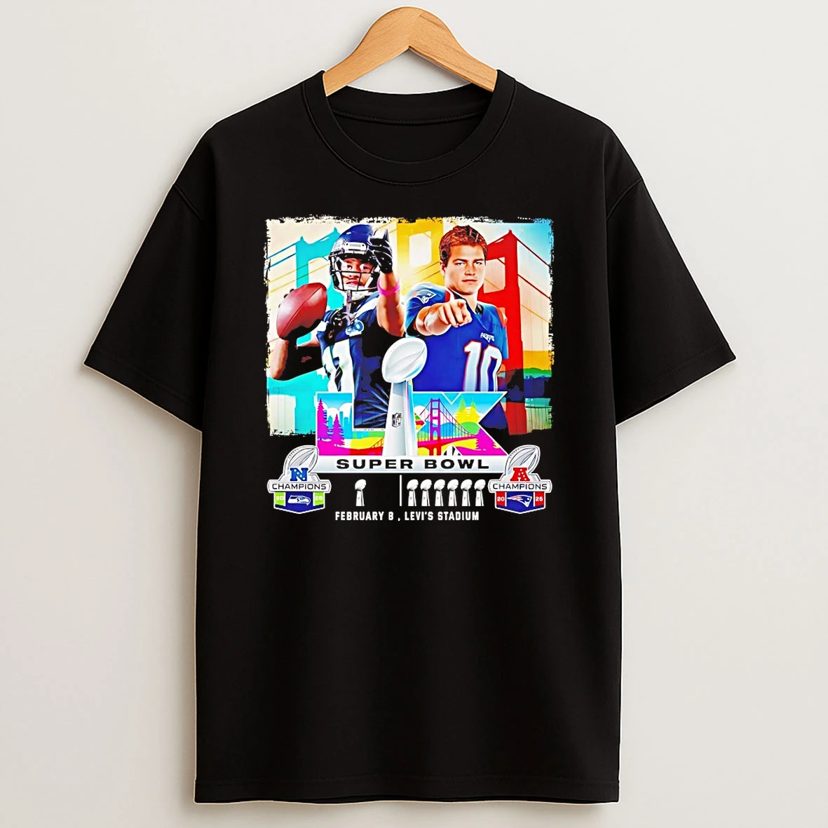 Russell Wilson Seattle Seahawks Vs Drake Maye New England Patriots Super Bowl Lx February 8 Levis Stadium Shirts