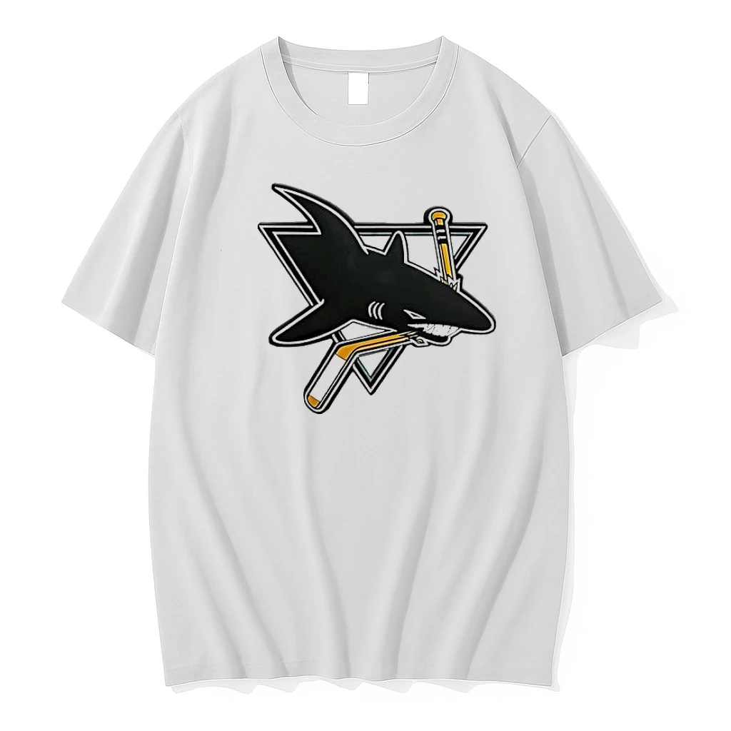 San Jose Sharks Logo Biting Hockey Stick Triangle Graphic Sports Shirts