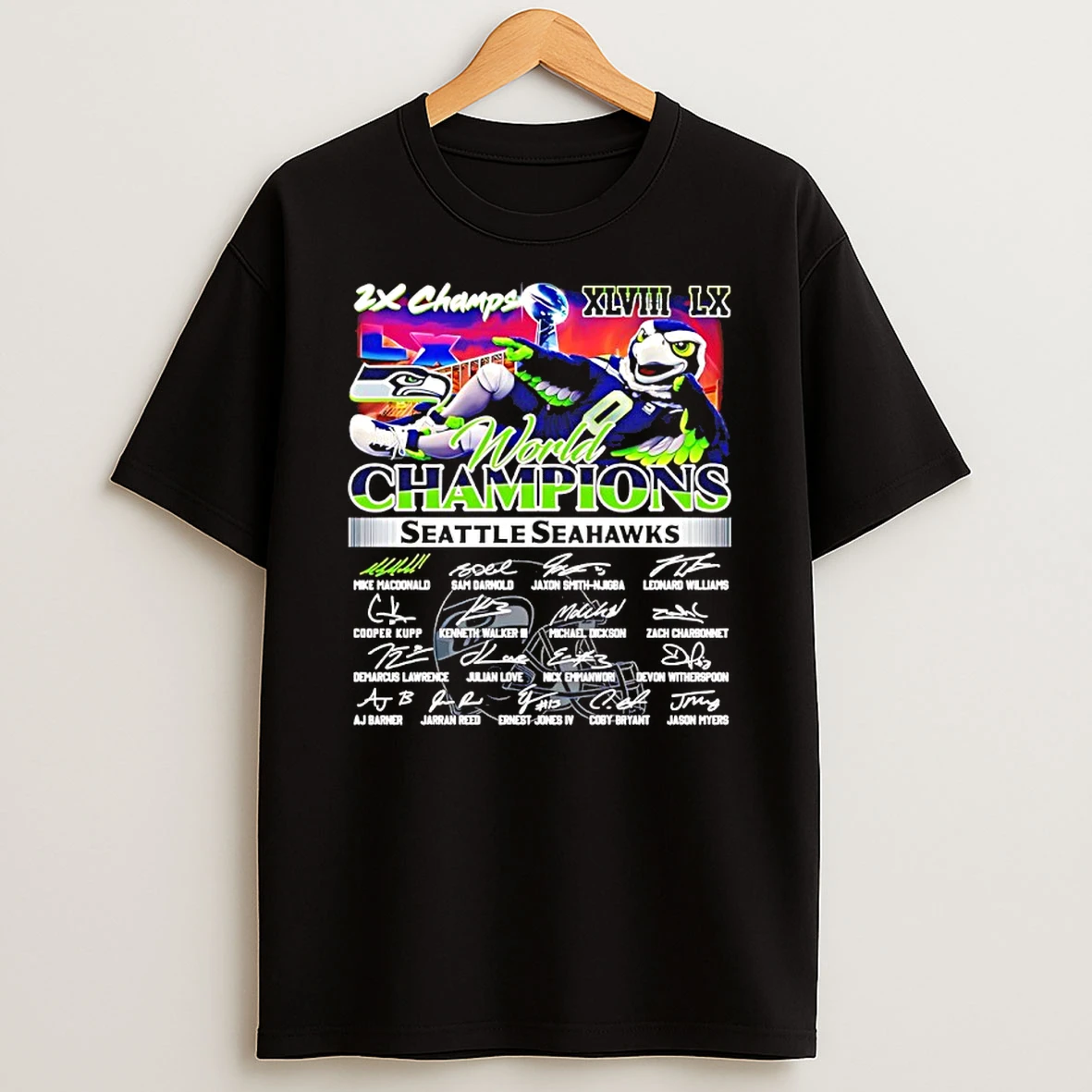 Seahawks 2x World Champions Super Bowl Xlviii And Lx Mascot Signature Shirts