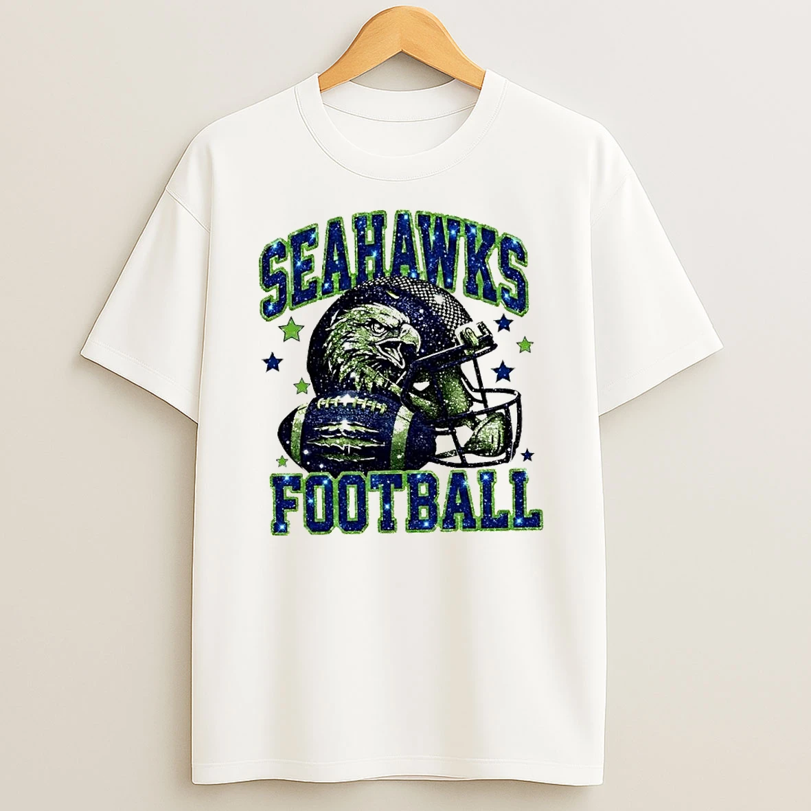 Seahawks Football Eagle Head Helmet And Ball Blue Green Glitter Shirts