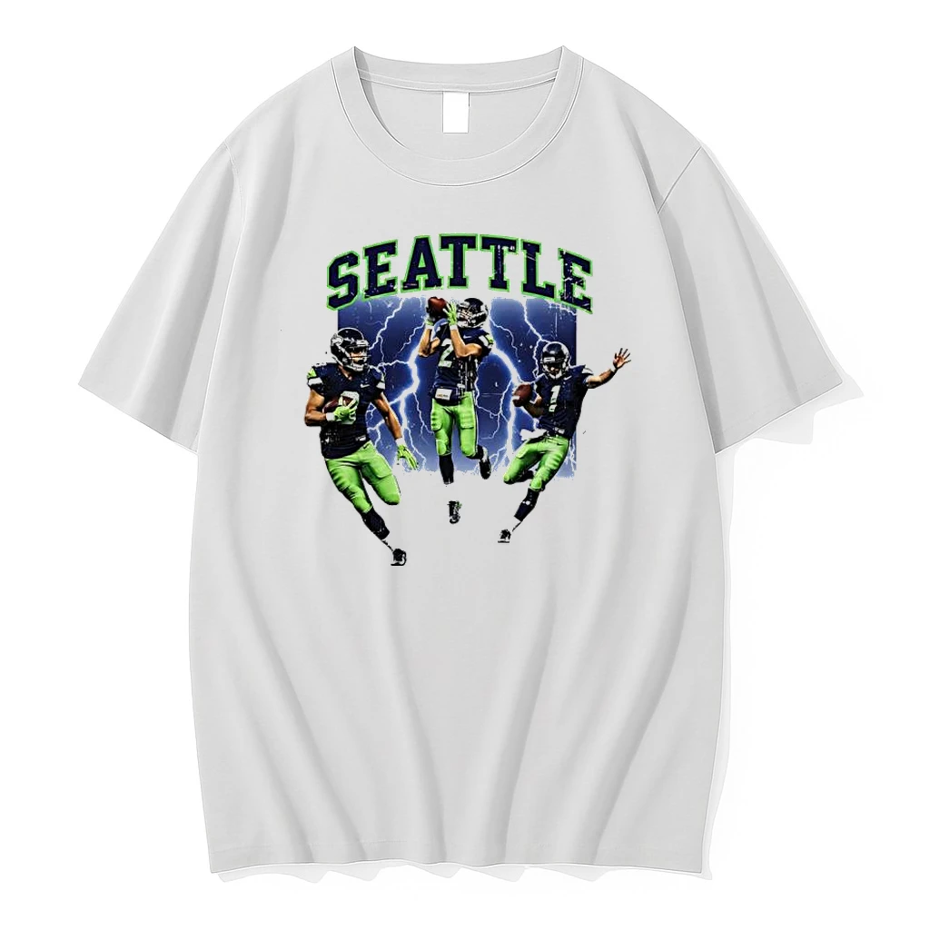 Seattle College Font Lightning Bolt Football Players Action Pose Shirts