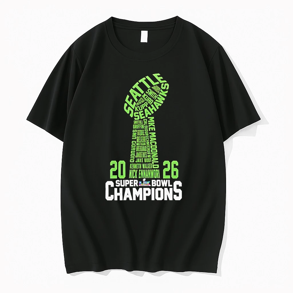 Seattle Seahawks 2025 Super Bowl Lx Champions Name Trophy Shape Shirts