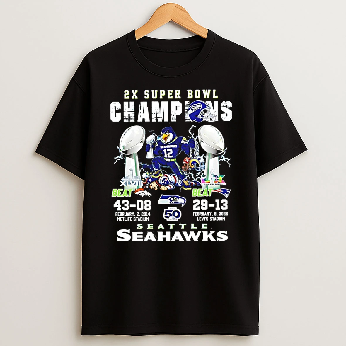 Seattle Seahawks 2x Super Bowl Lx Champions 2026 Mascot With Trophy Shirts