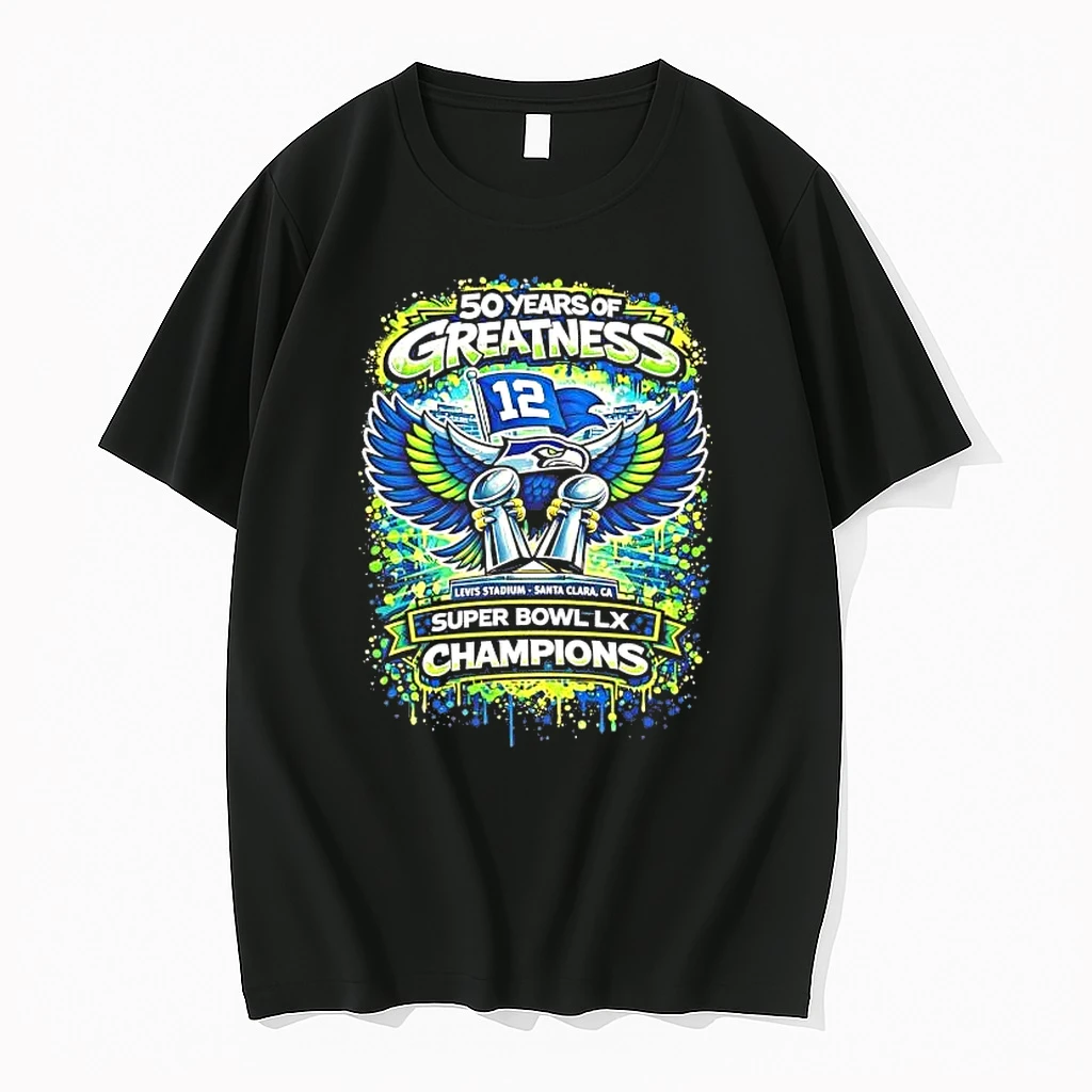Seattle Seahawks 50 Years Of Greatness Super Bowl Lx Champions Tee Shirts