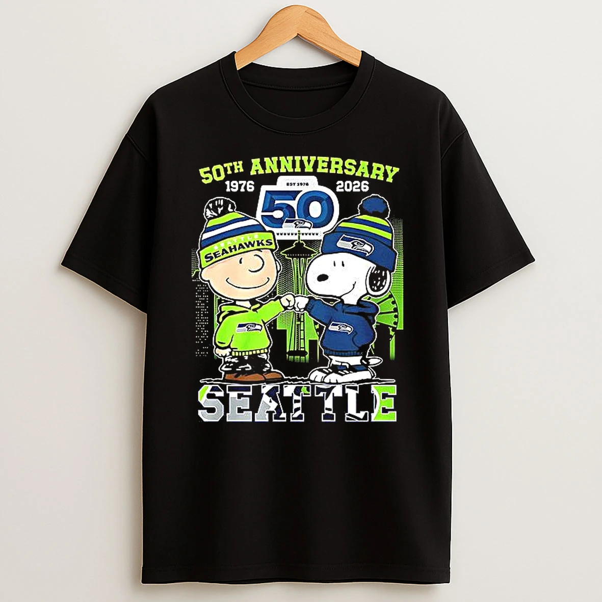Seattle Seahawks Charlie Brown And Snoopy 50th Anniversary 1976 2026 Woman Shirts
