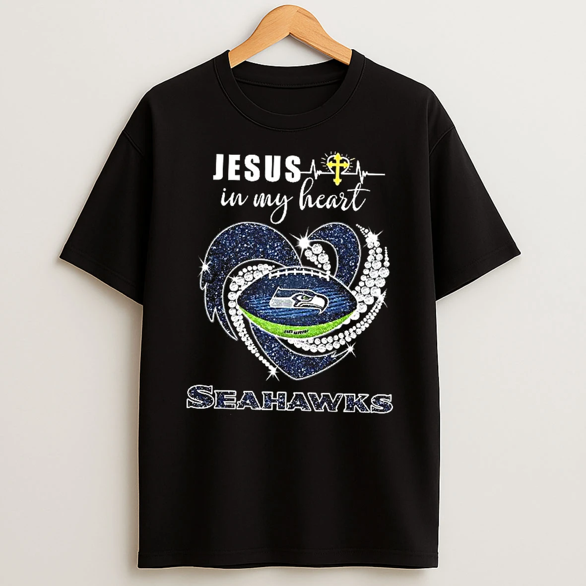 Seattle Seahawks Jesus In My Heart Seahawks In My Veins Diamond Heart Christian Woman Shirts
