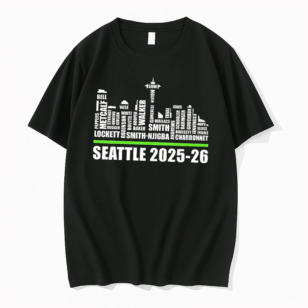 Seattle Seahawks Nfl 2025 2026 Super Bowl Name Player City Skyline And Logo Woman Shirts