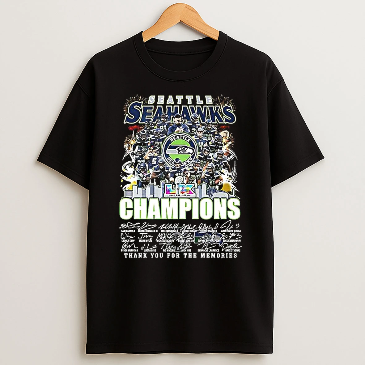 Seattle Seahawks Nfl 2026 Super Bowl Lx Champions Player Collage Name And Signature Woman Shirts