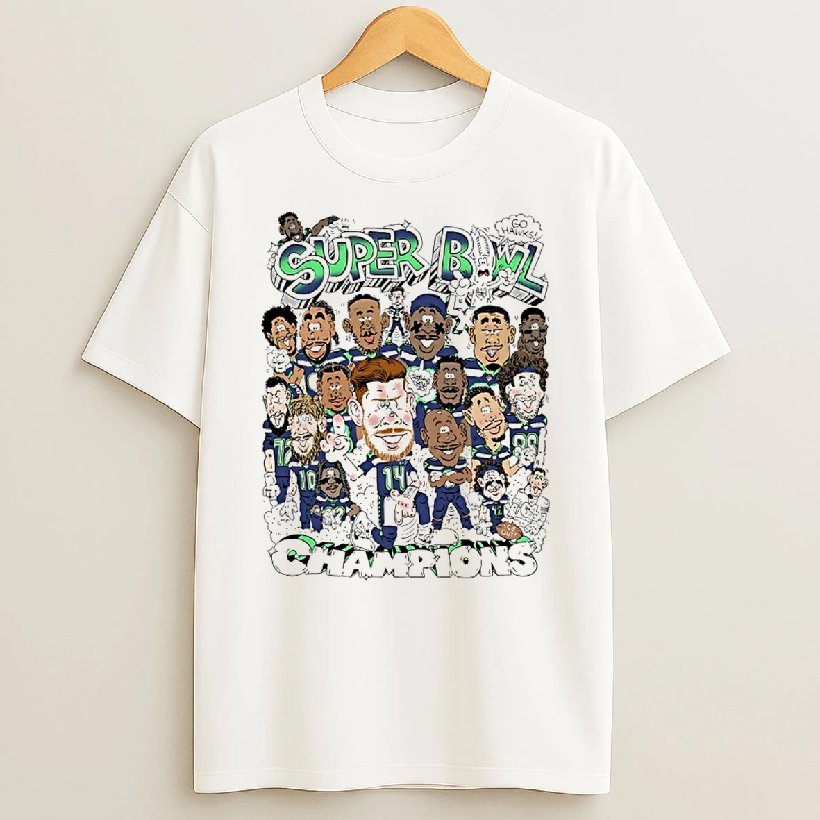 Seattle Seahawks Super Bowl Lx Champions Player Collage Caricature Shirts