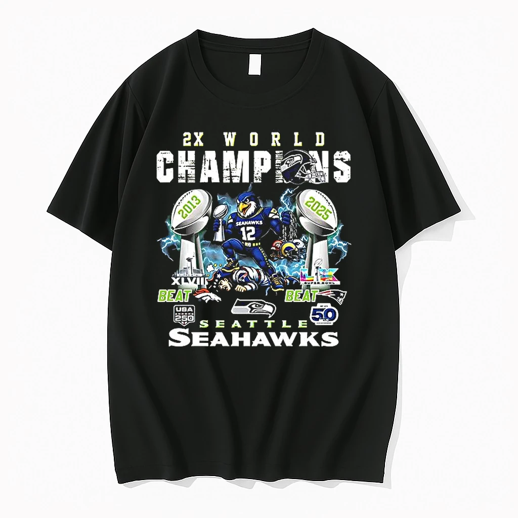 Seattle Seahawks Beat New England Patriots 2x World Champs 2025 Mascot Woman Shirts