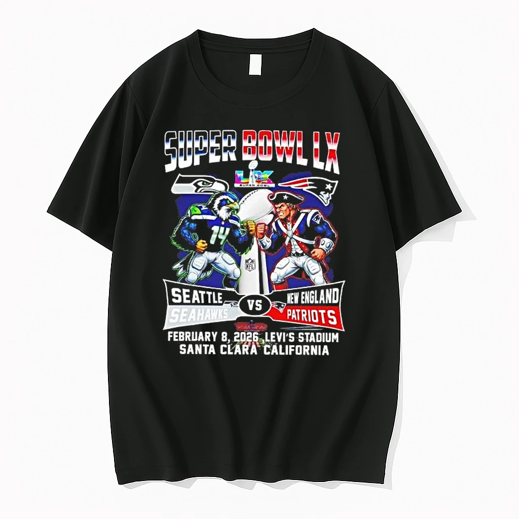 Seattle Seahawks Vs New England Patriots Super Bowl Lx Santa Clara Mascot Trophy Tee Shirts