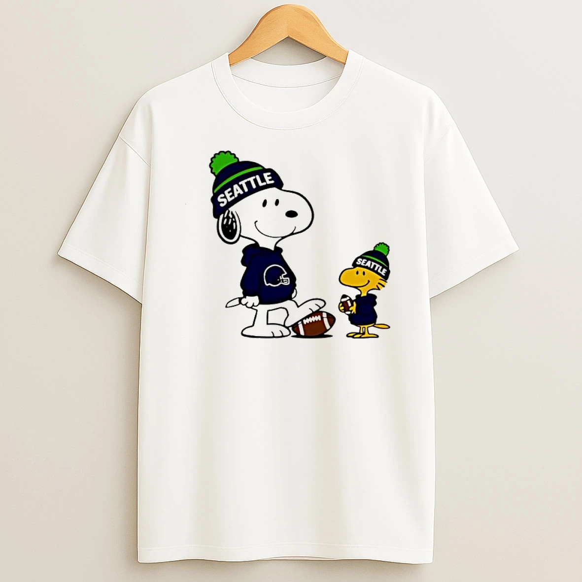Snoopy And Woodstock Wearing Seattle Beanies Holding Football Peanuts Fan Shirts