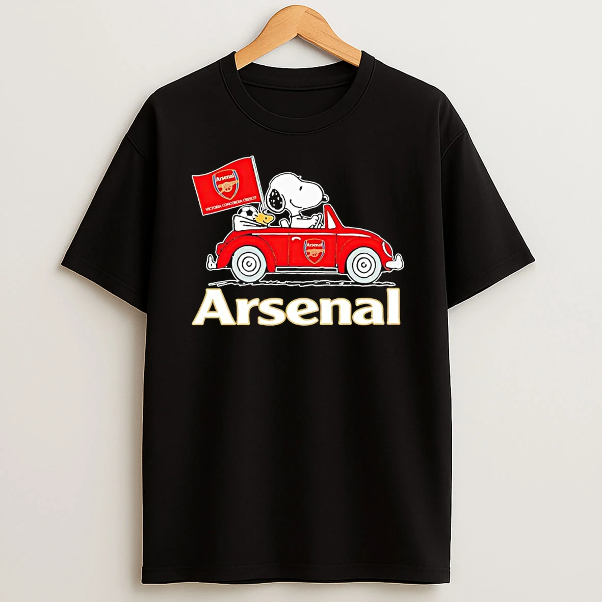 Snoopy And Woodstock Riding Car Arsenal Fc Victoria Concordia Crescit Shirts