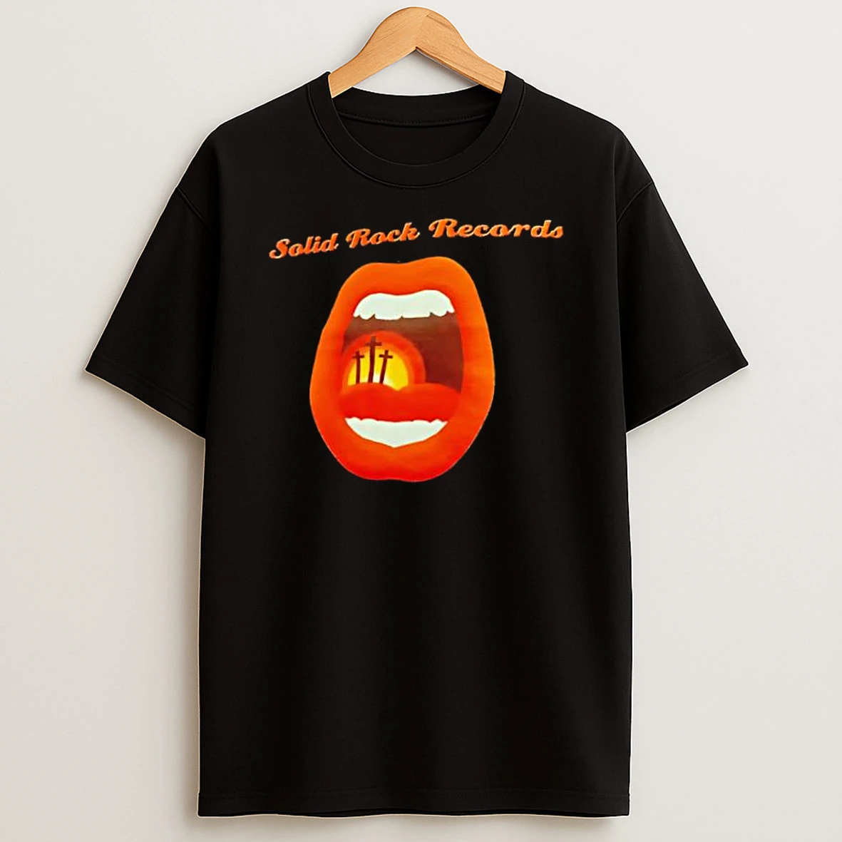 Solid Rock Records Mouth With Three Crosses Sunset Shirts
